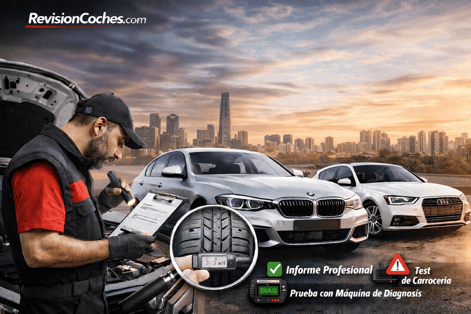 Operario de revisioncoches.com analizando un informe de revisión un BMW y un audi de fondo con un texto de informe profesional test de carroceria y prueba de maquina de diagnosis