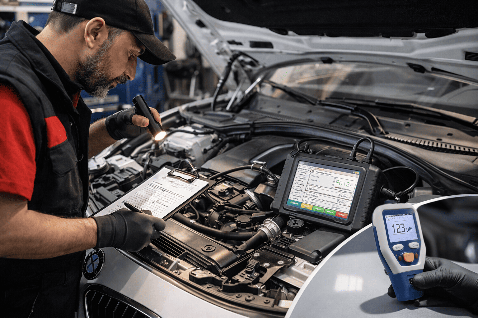 Operario revisando un vehículo con espesimetro y maquina de diagnosis